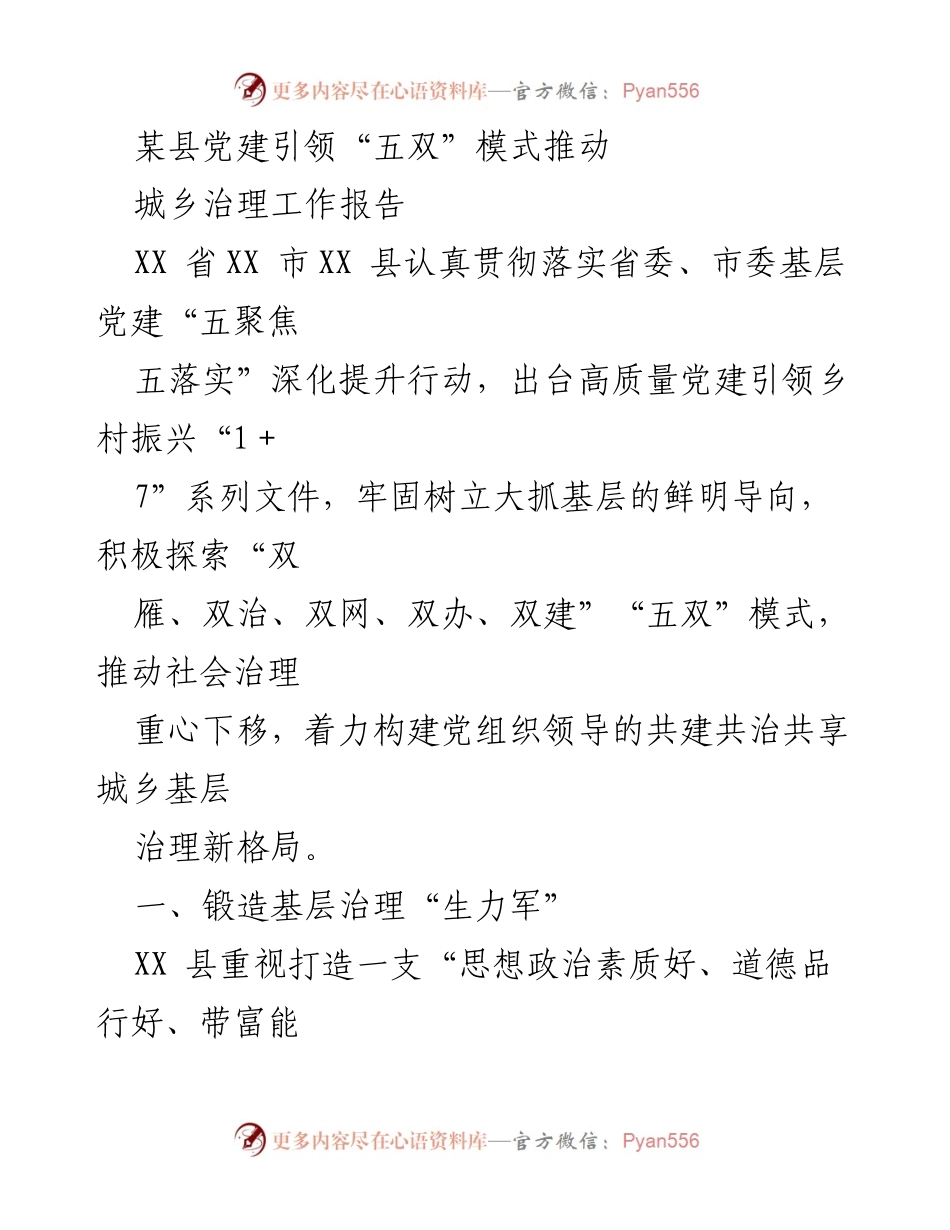 [工作报告] 城乡治理 - 党建引领“五双”模式推动乡村振兴与社会治理新格局.docx_第1页