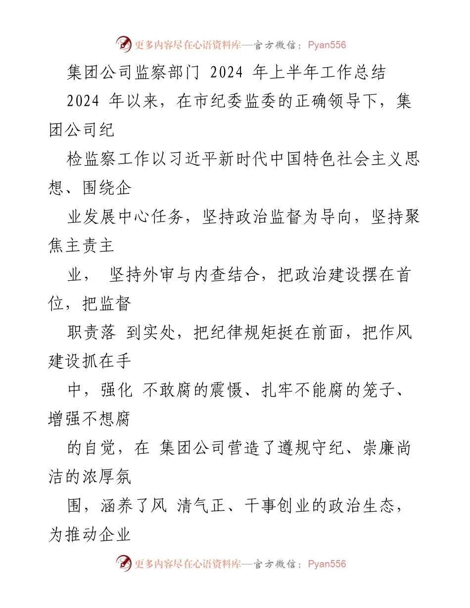 [工作总结] 集团公司 - 2024年上半年纪检监察工作总结报告.docx_第1页