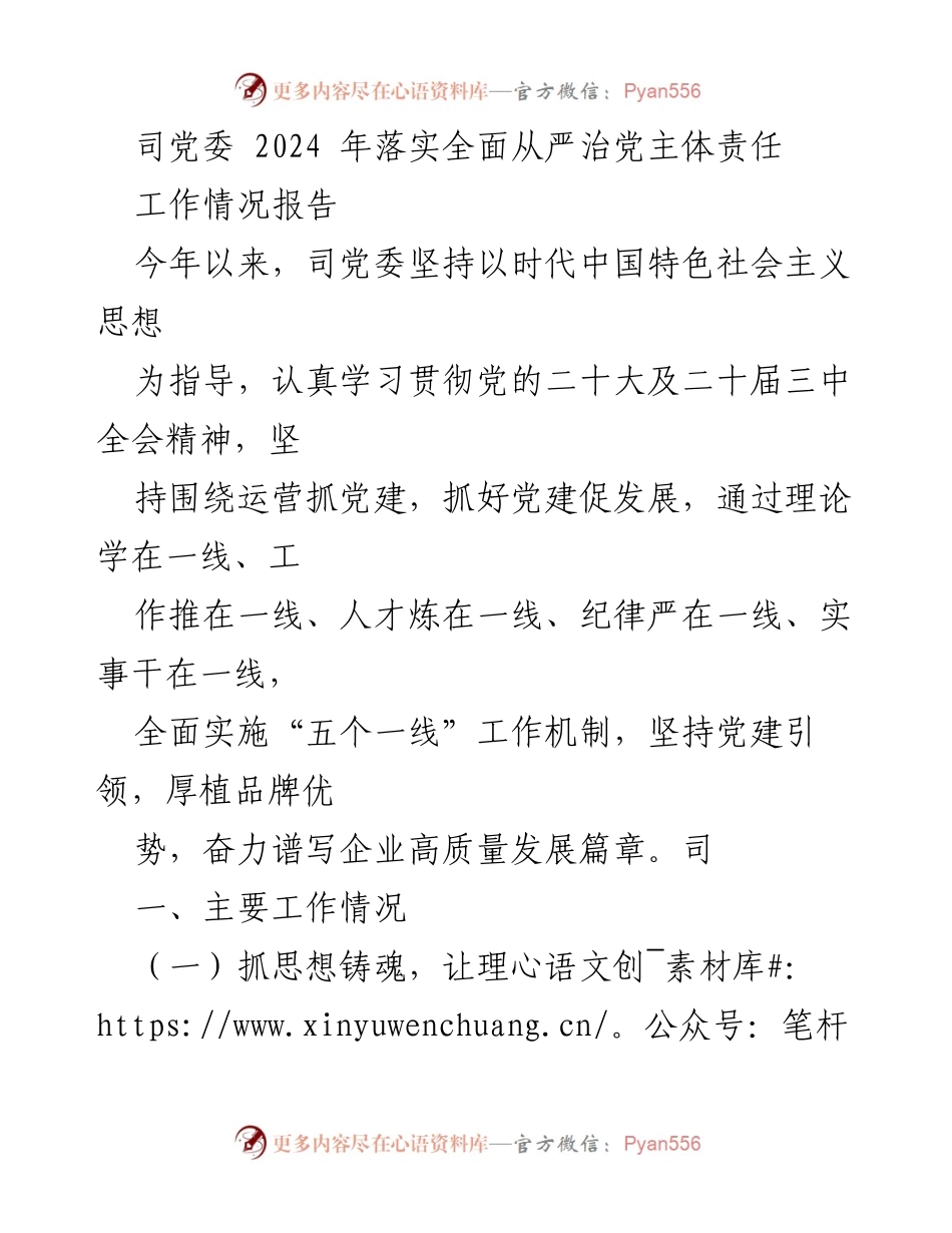 [工作情况报告] 党委会议 - 2024年全面从严治党主体责任落实情况总结.docx_第1页