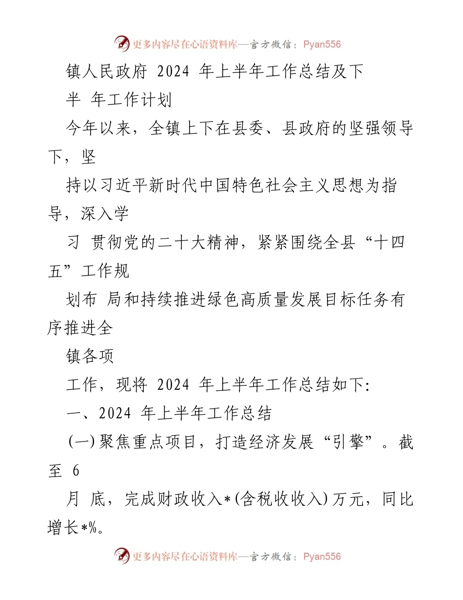 [工作总结] 镇人民政府 - 2024年上半年工作总结及下半年工作计划_1.docx_第1页