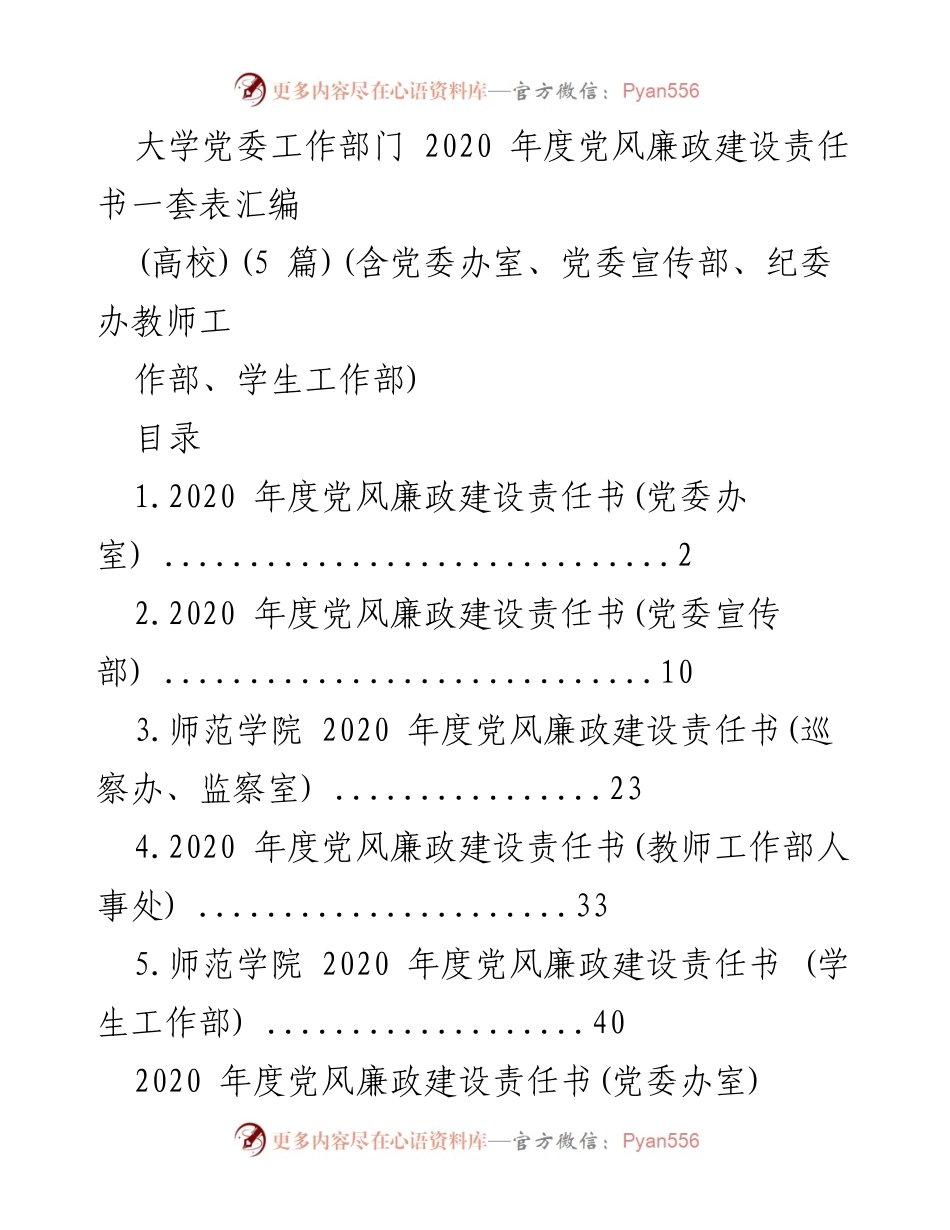 [工作总结] 高校党委 - 2020年度党风廉政建设责任书汇编.docx_第1页