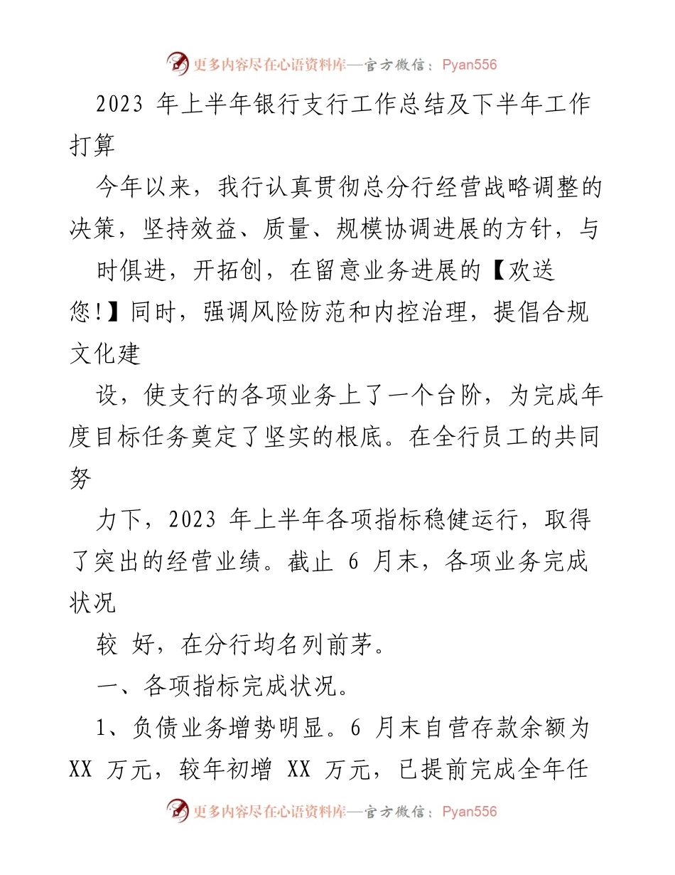 [工作总结] 银行支行 - 2023年上半年工作总结及下半年工作计划.docx_第1页