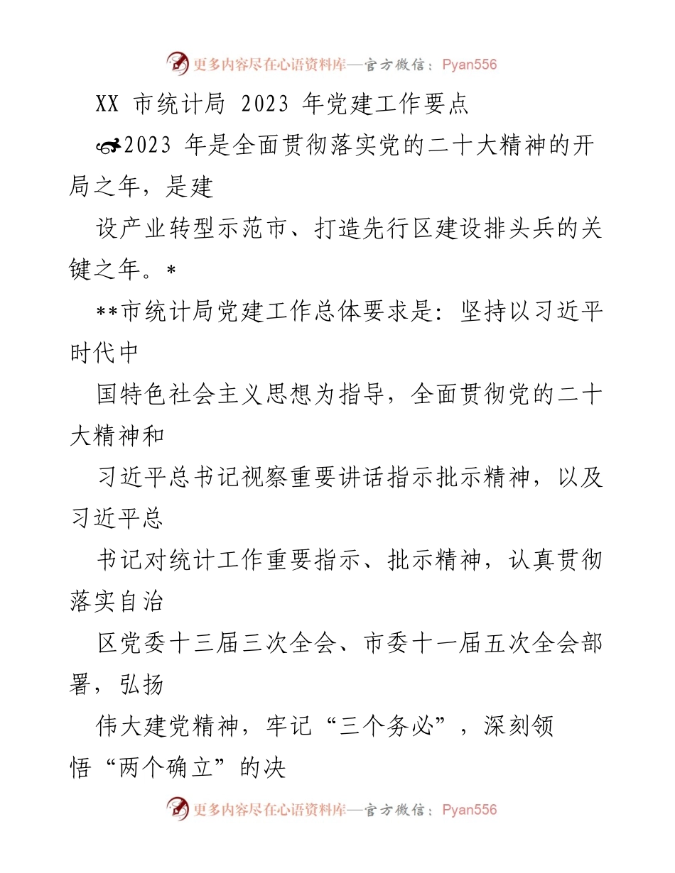 [工作总结] 统计局党建工作 - 2023年XX市统计局党建工作要点与实施策略.docx_第1页