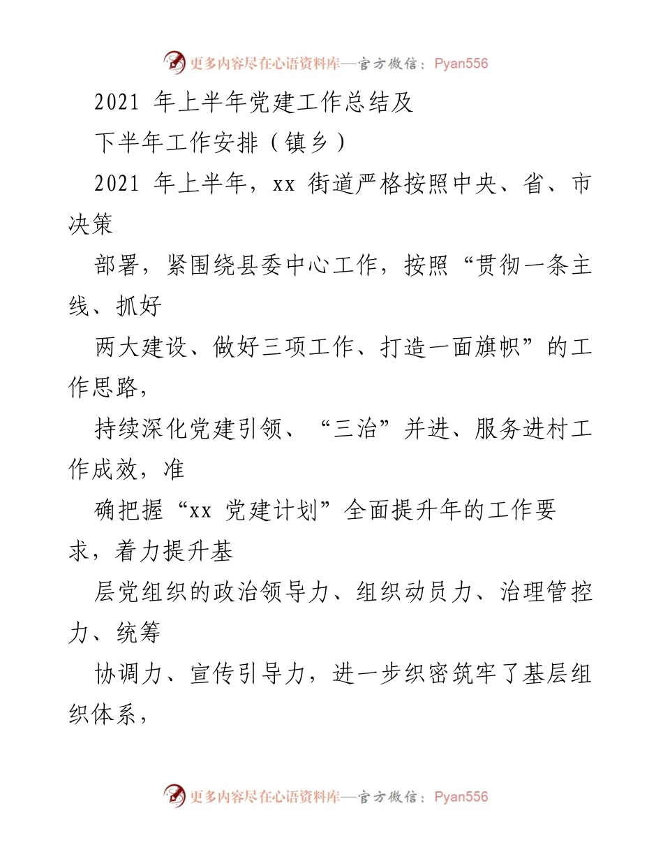 [工作总结] 镇乡党建工作 - 2021年上半年党建工作总结与下半年工作安排.docx_第1页