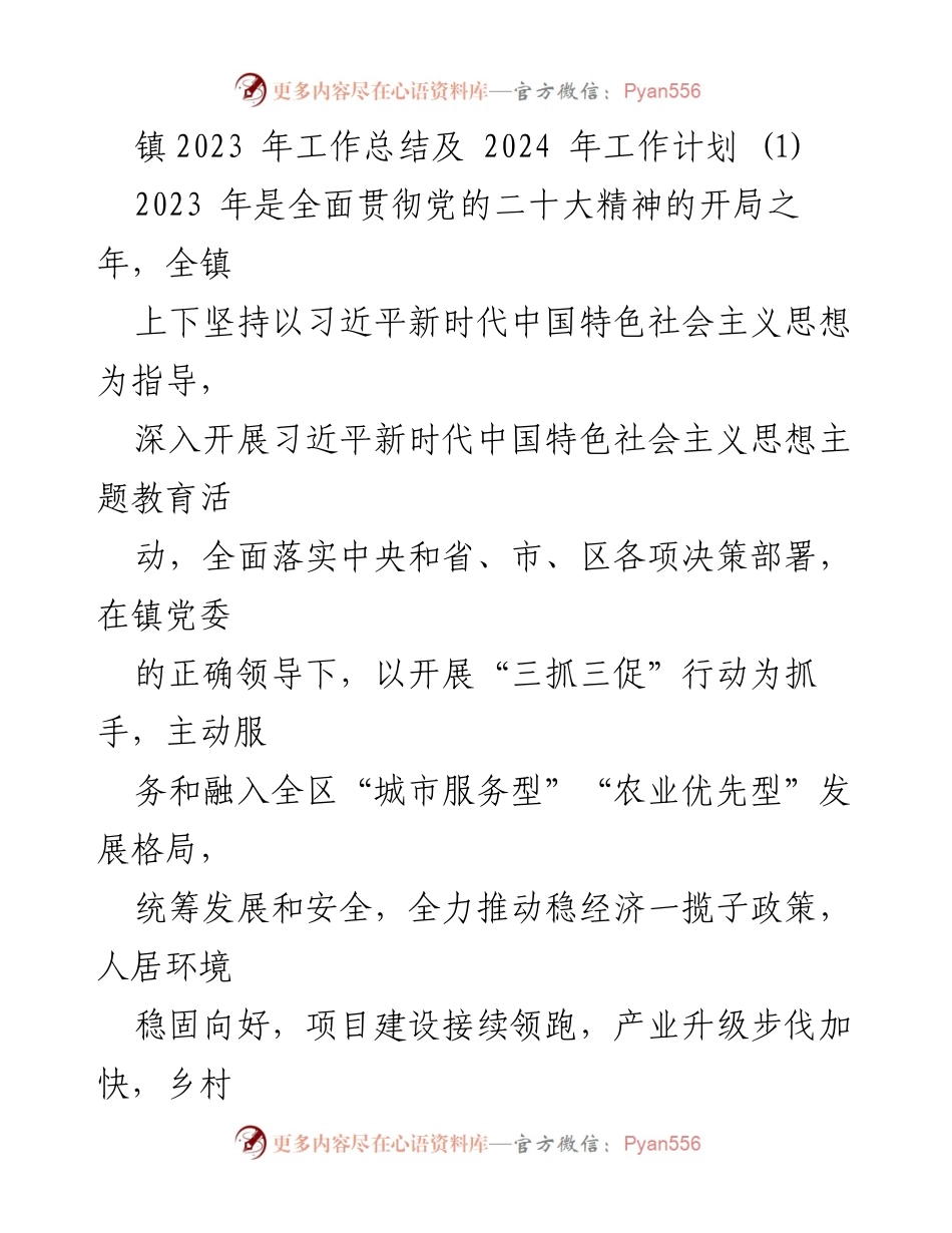 [工作总结] 镇年度工作 - 2023年镇工作总结及2024年工作计划.docx_第1页