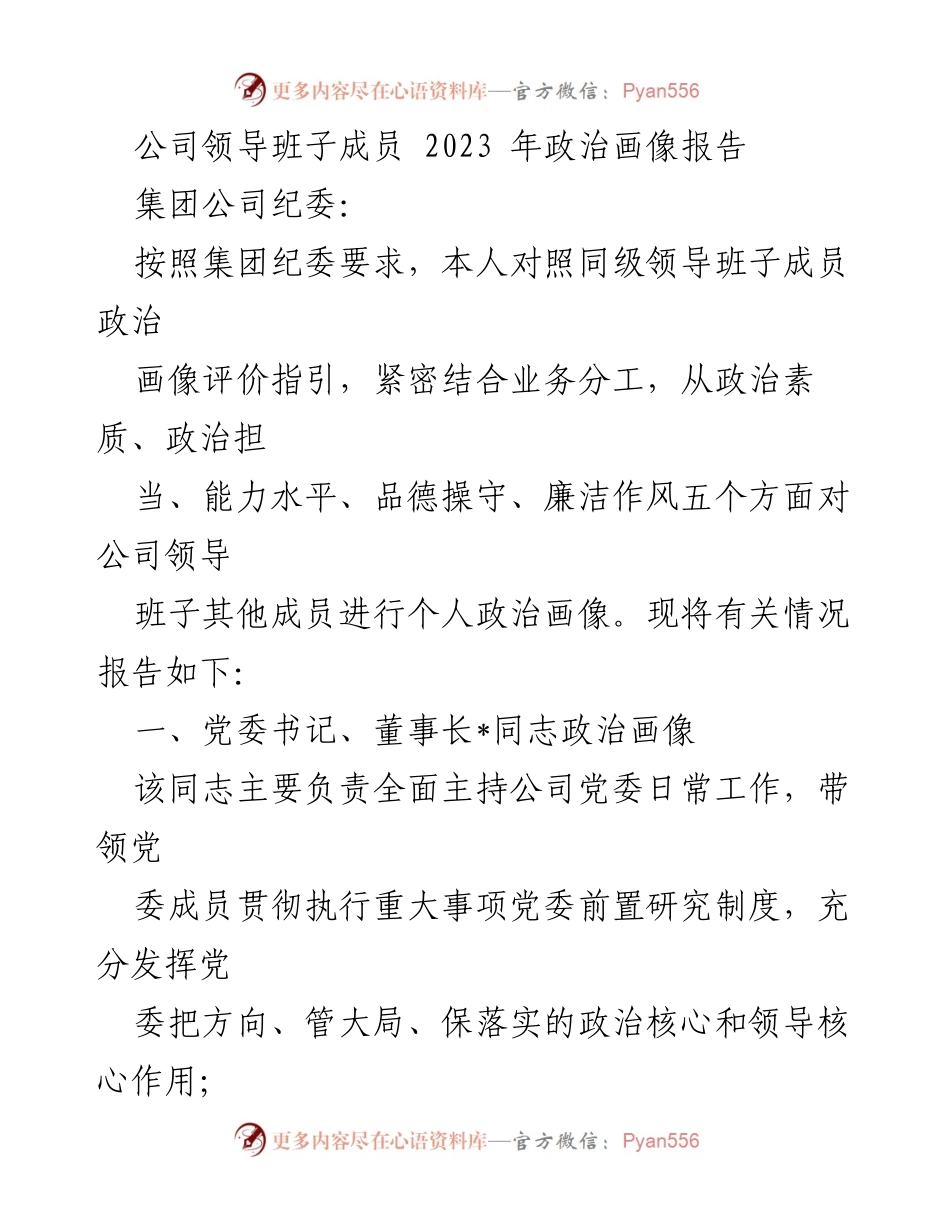 [工作总结] 领导班子政治画像 - 2023年公司领导班子成员政治画像报告.docx_第1页