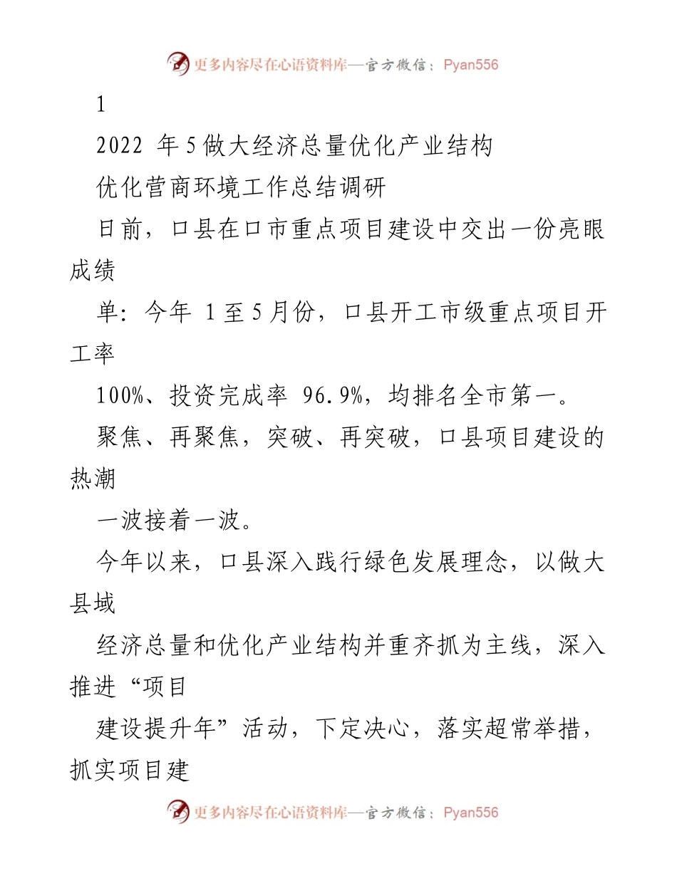 [工作总结] 项目建设 - 口县经济发展与招商引资工作总结.docx_第1页