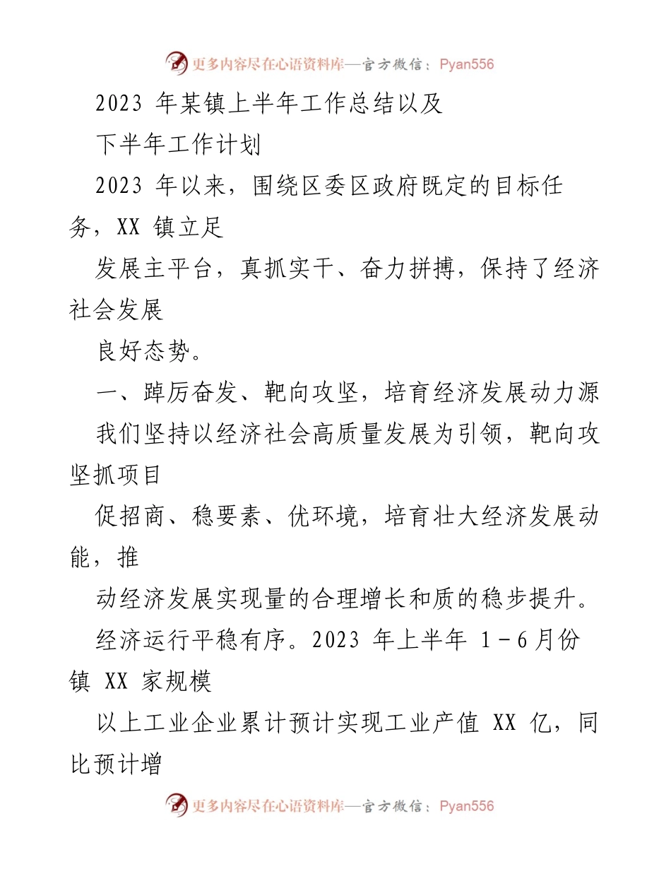 [工作总结] 镇上半年工作总结与下半年计划 - 2023年某镇上半年经济社会发展总结与下半年工作展望.docx_第1页