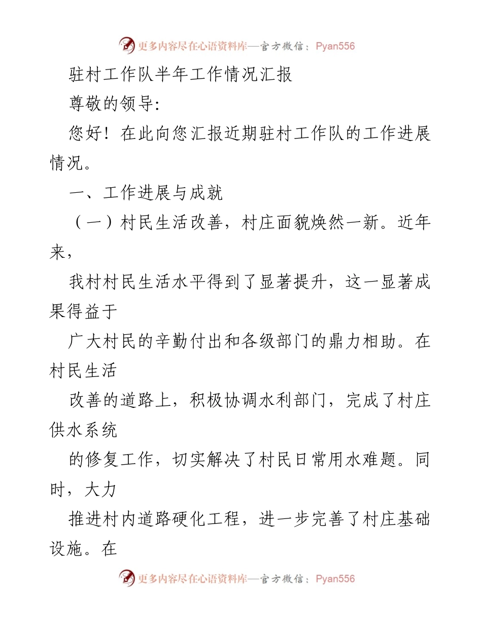 [工作总结] 驻村工作队 - 半年工作情况汇报与成就总结.docx_第1页