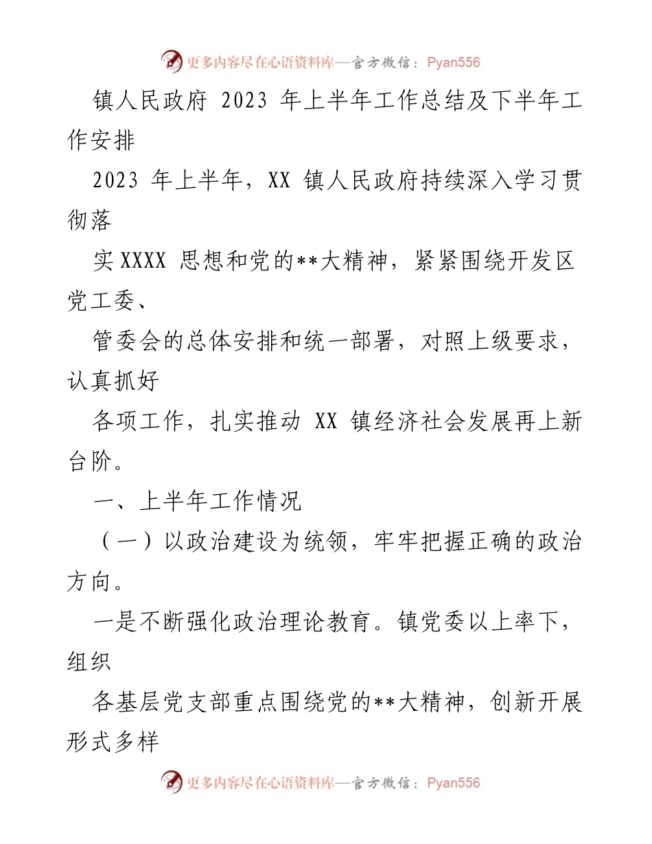 [工作总结] 镇人民政府 - 2023年上半年工作总结与下半年工作安排.docx_第1页