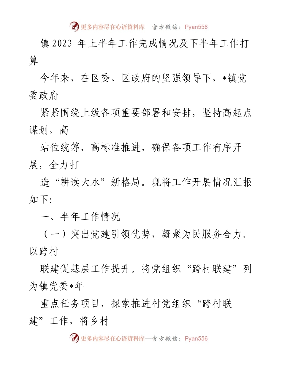 [工作总结] 镇党委政府 - 2023年上半年工作完成情况及下半年工作计划.docx_第1页