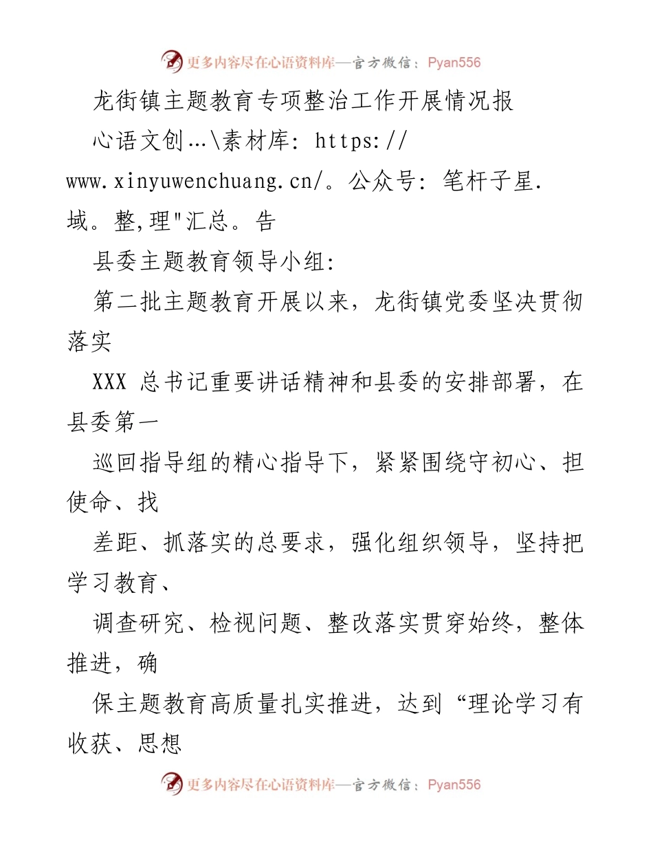 [工作总结] 龙街镇 - 龙街镇主题教育专项整治工作开展情况总结报告.docx_第1页