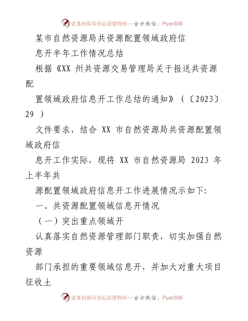[工作总结] 自然资源局 - 2023年上半年自然资源配置领域政府信息公开工作情况总结.docx_第1页