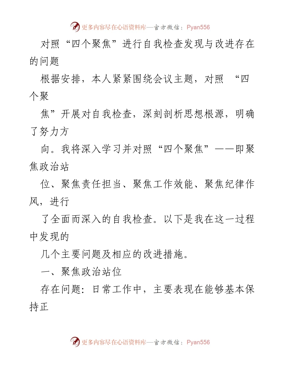 [工作总结] 自我检查 - 深入自查“四个聚焦”问题与改进措施.docx_第1页