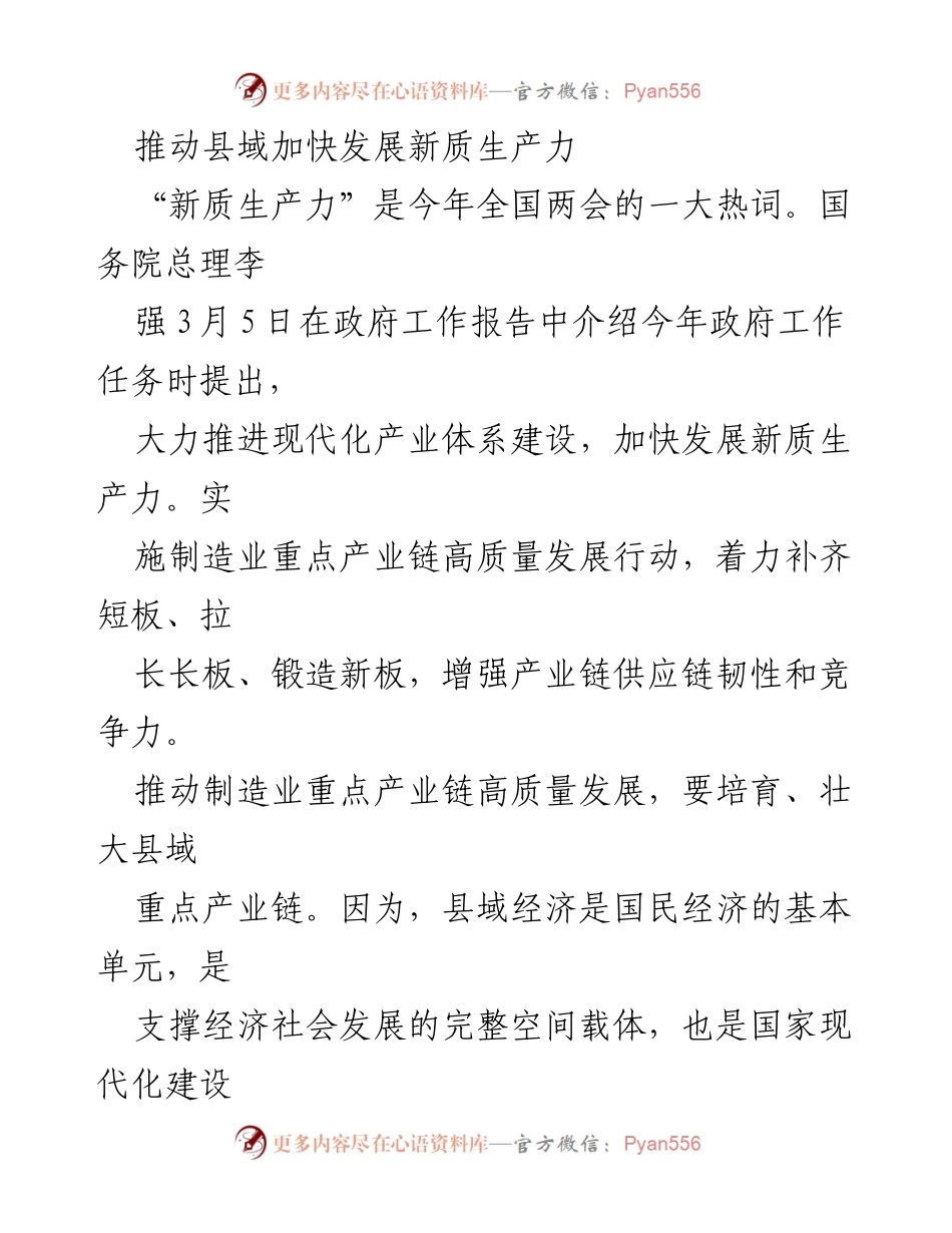 [工作总结] 经济发展会议 - 推动县域加快发展新质生产力的战略与实践.docx_第1页