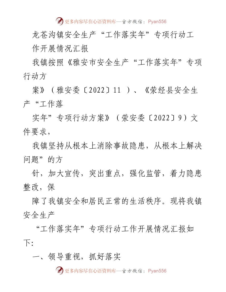[工作总结] 龙苍沟镇 - 龙苍沟镇安全生产“工作落实年”专项行动开展情况汇报.docx_第1页