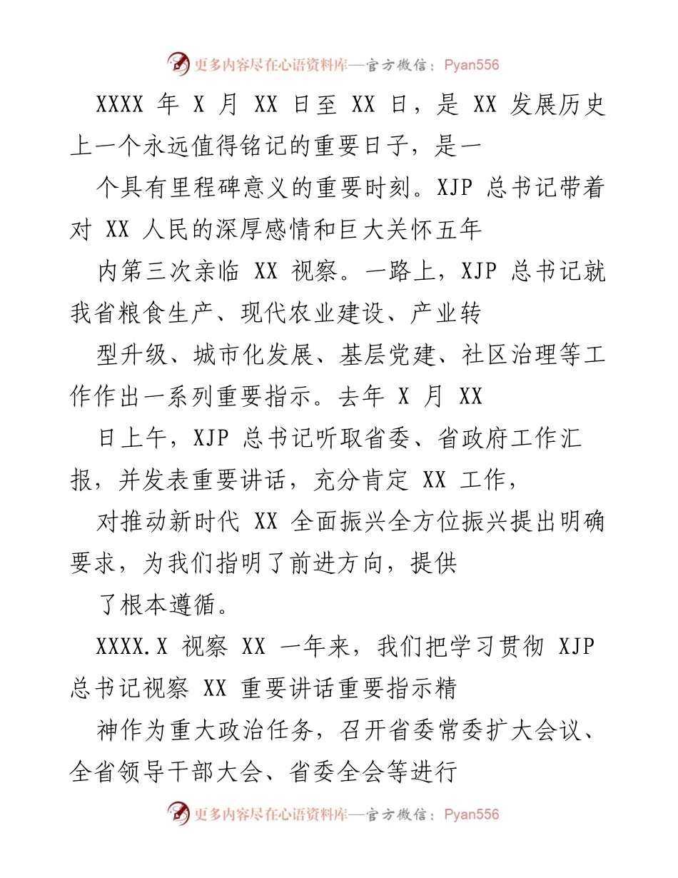 [工作总结] 重要视察 - 深入贯彻XJP总书记视察XX重要指示精神，推动全面振兴新成效.docx_第1页