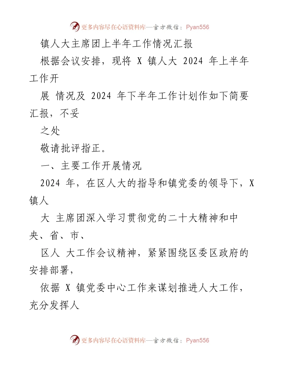 [工作总结] 镇人大主席团 - 2024年上半年工作情况汇报及下半年计划.docx_第1页