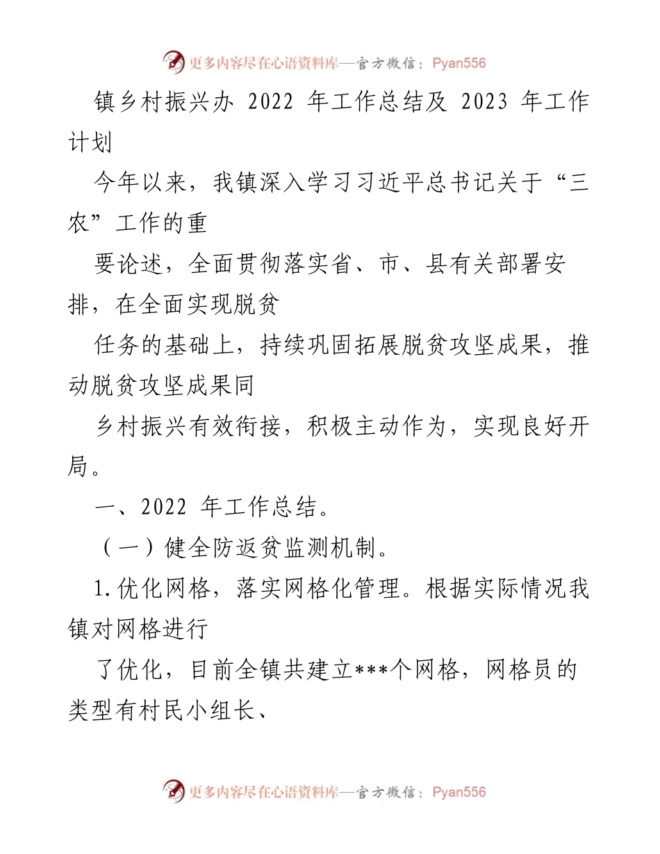 [工作总结] 镇乡村振兴办 - 2022年工作总结与2023年工作计划概述.docx_第1页
