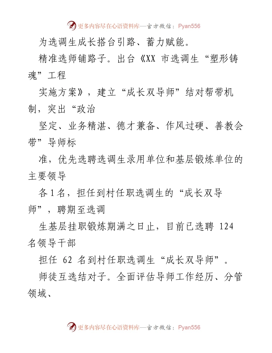 [工作总结] 选调生培养 - 某市“成长双导师”机制助力选调生成长成才情况总结.docx_第2页