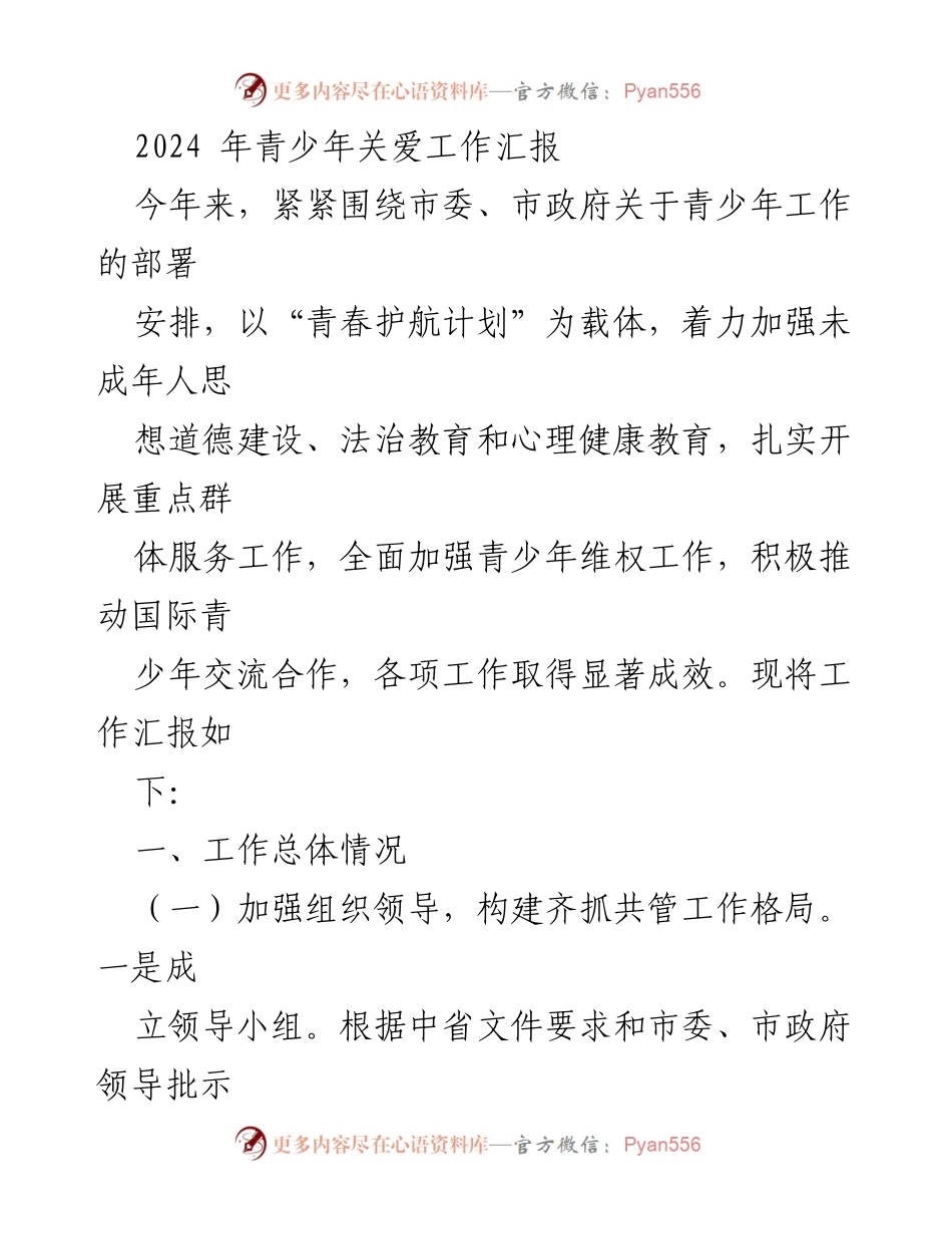 [工作总结] 青少年关爱工作会议 - 2024年青少年关爱工作汇报.docx_第1页
