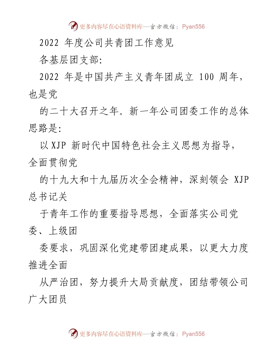 [工作意见] 共青团年度工作 - 2022年度公司共青团工作指导意见.docx_第1页