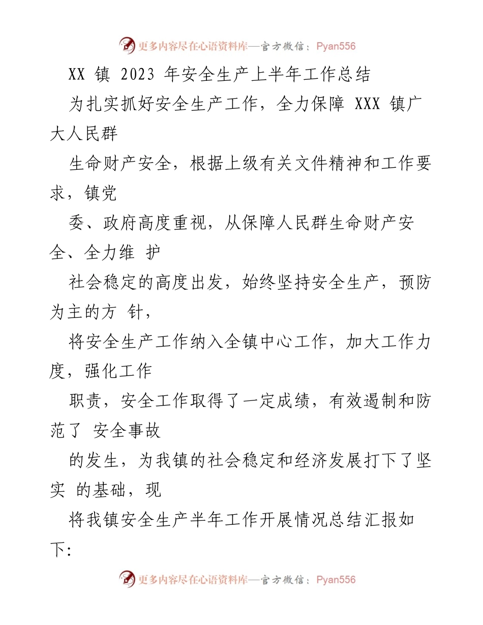 [工作总结] 镇政府 - XX镇2023年上半年安全生产工作总结.docx_第1页