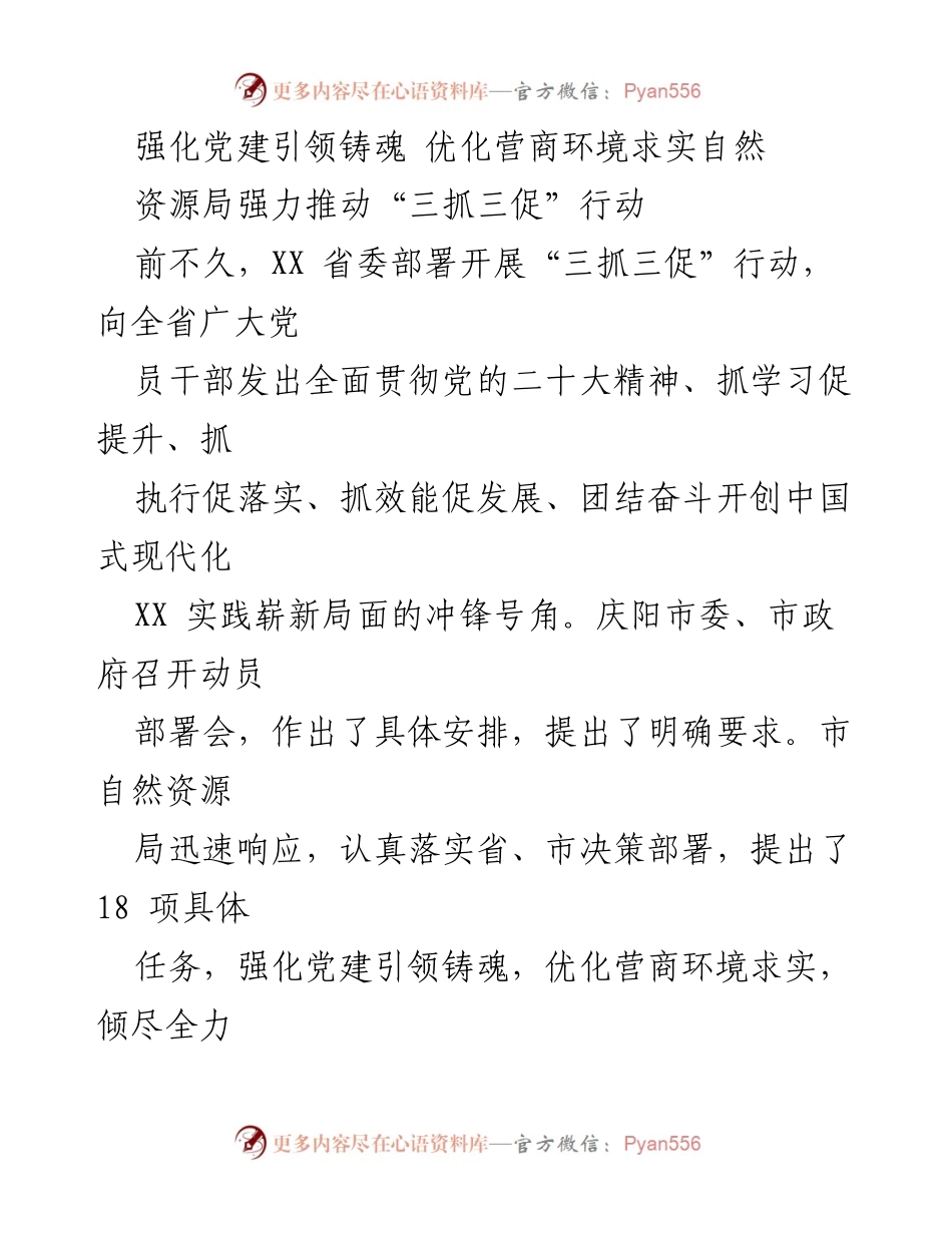 [工作总结] 自然资源局 - 强化党建引领，推动“三抓三促”行动优化营商环境.docx_第1页