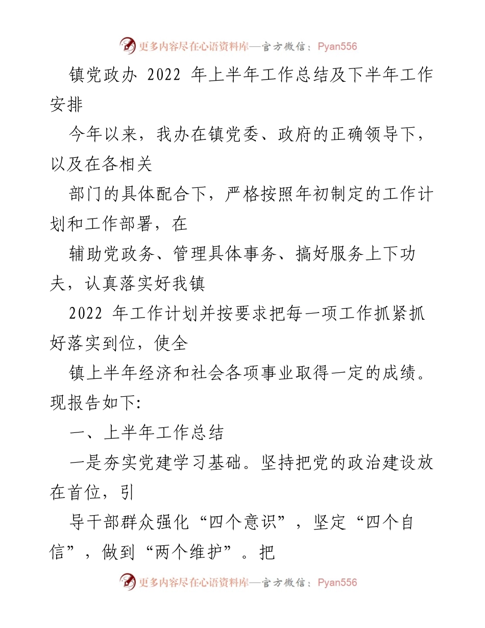 [工作总结] 镇党政办 - 2022年上半年工作总结及下半年工作安排.docx_第1页