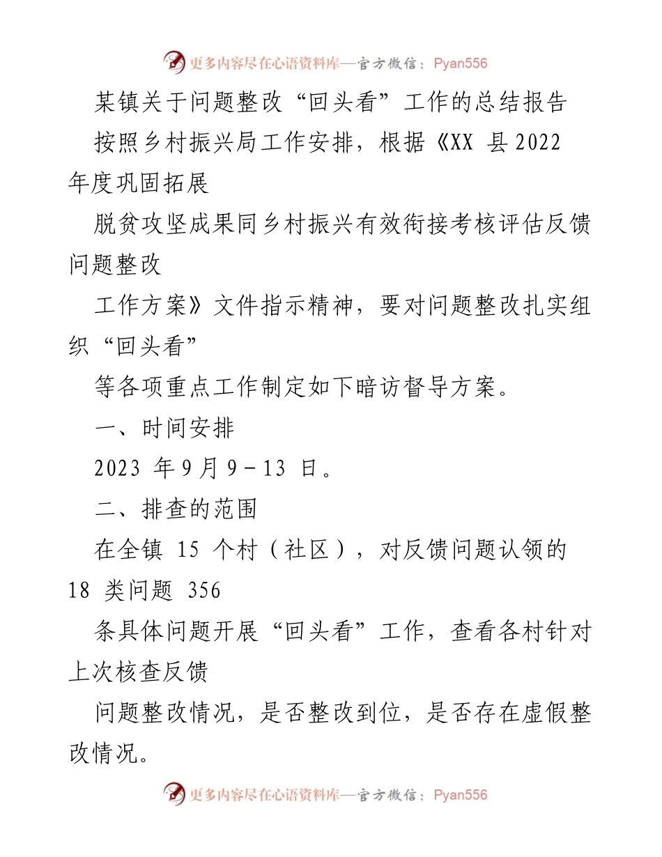 [工作总结] 镇级整改工作 - 某镇问题整改“回头看”工作总结报告.docx_第1页