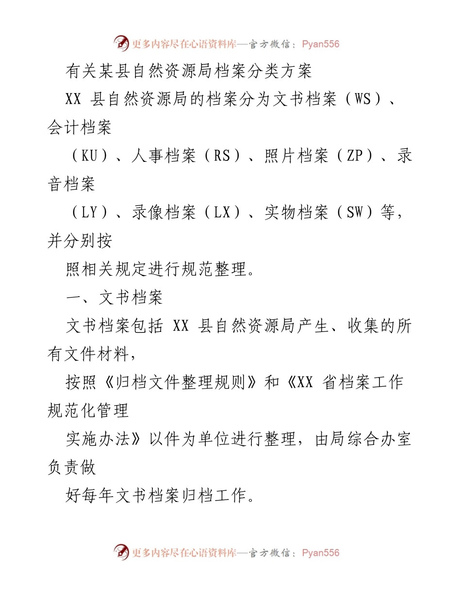 [工作总结] 自然资源局 - XX县自然资源局档案分类方案总结.docx_第1页