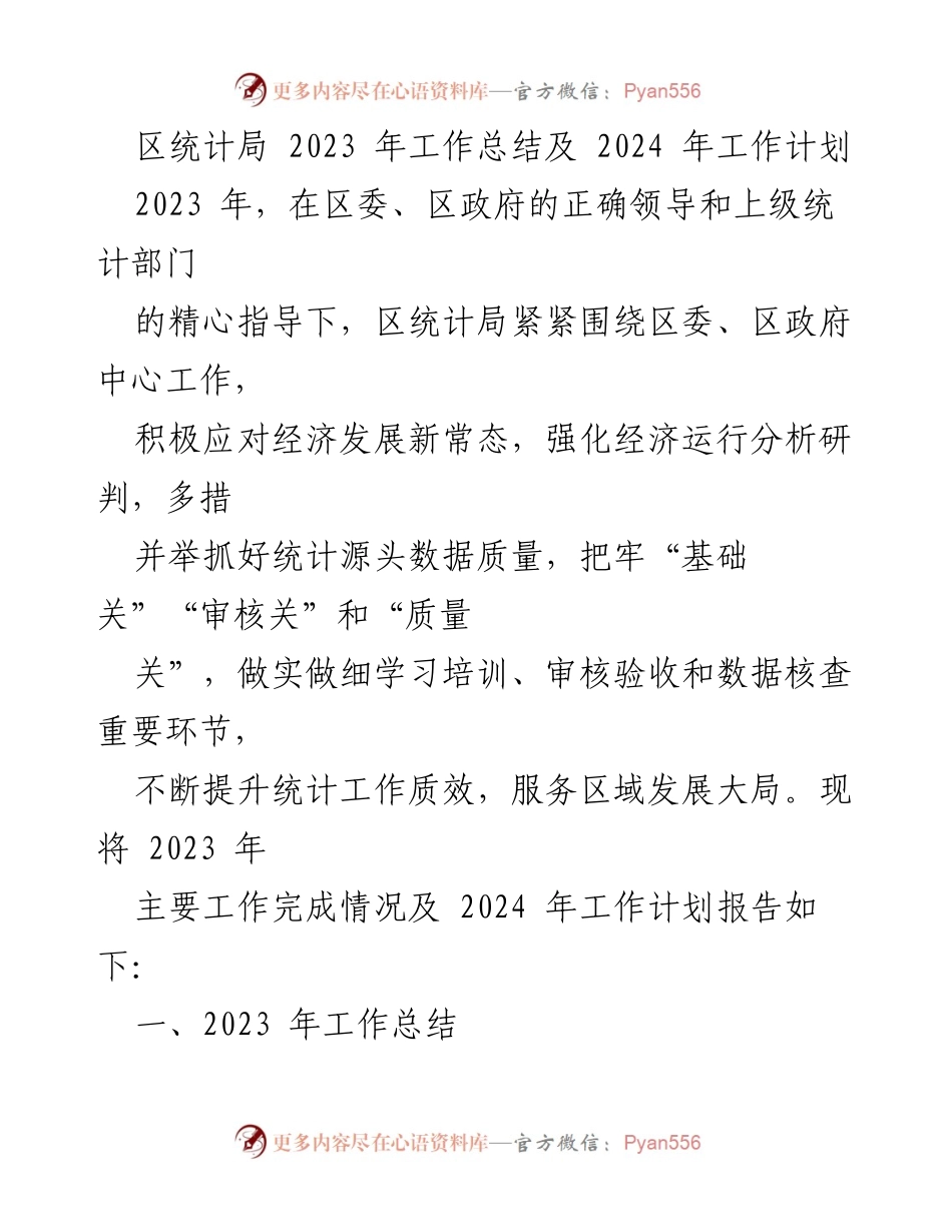 [工作总结] 统计局工作汇报 - 2023年统计局工作总结及2024年工作计划.docx_第1页