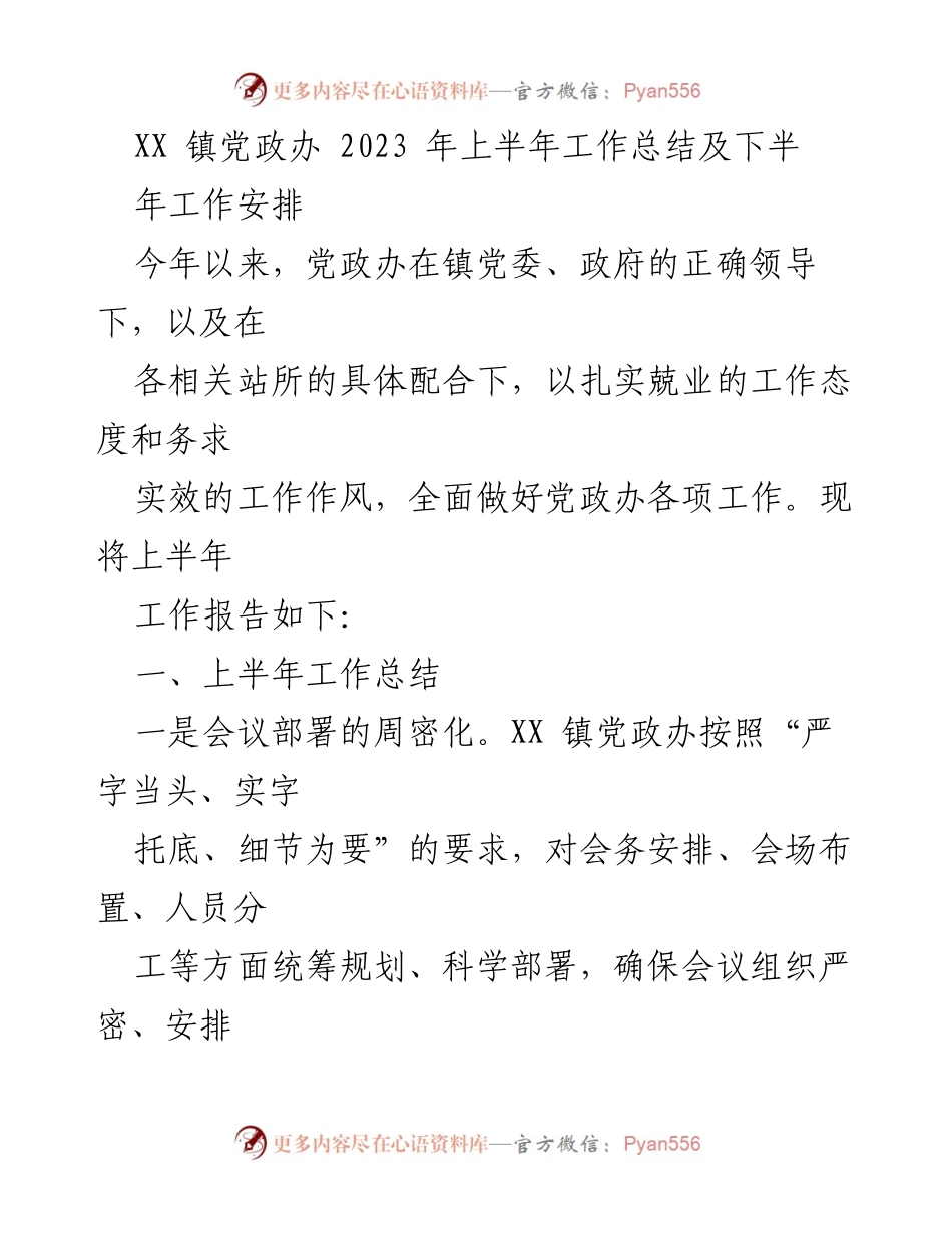 [工作总结] 镇政府 - XX镇党政办2023年上半年工作总结及下半年工作安排.docx_第1页