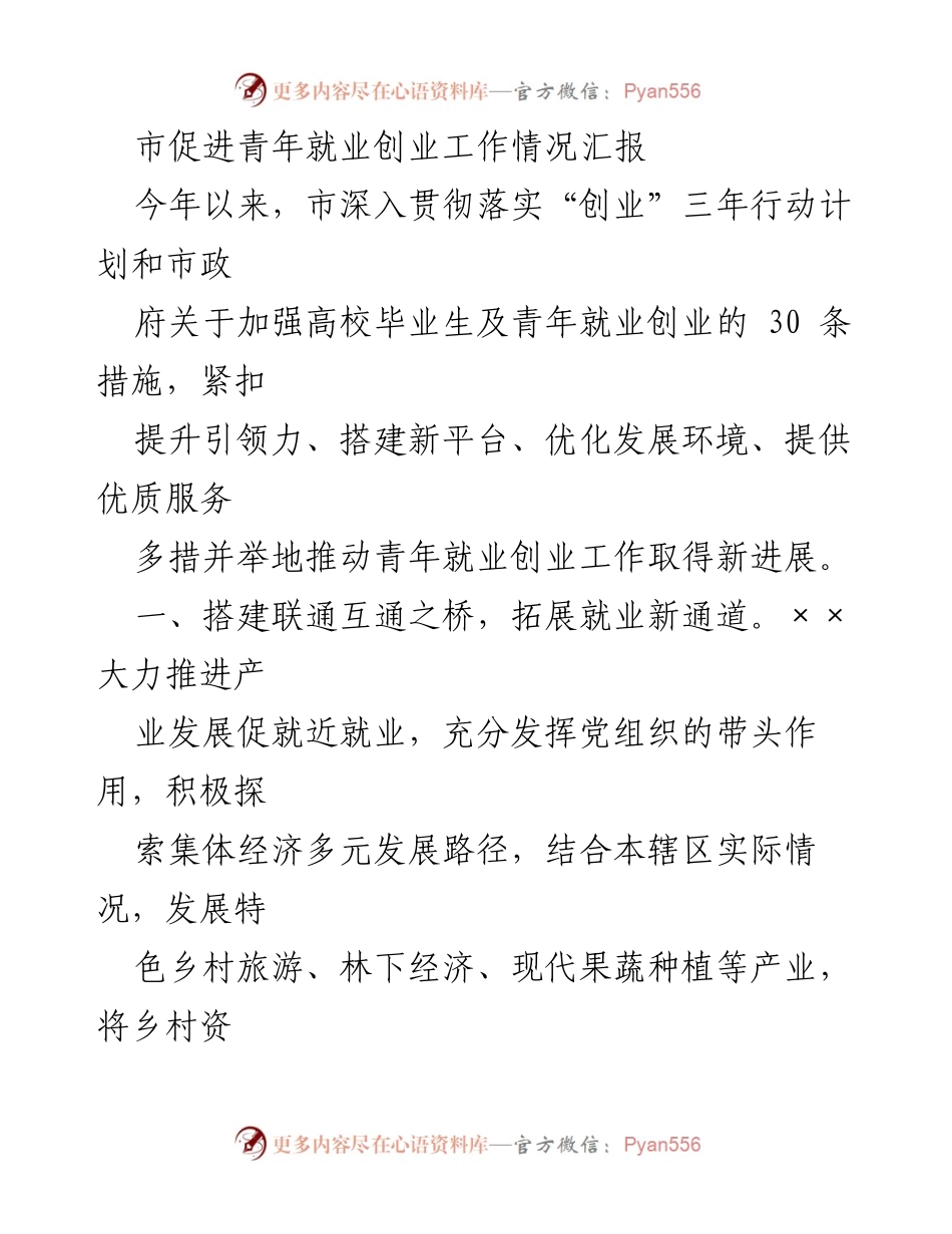 [工作总结] 青年就业创业 - 市促进青年就业创业工作情况汇报.docx_第1页
