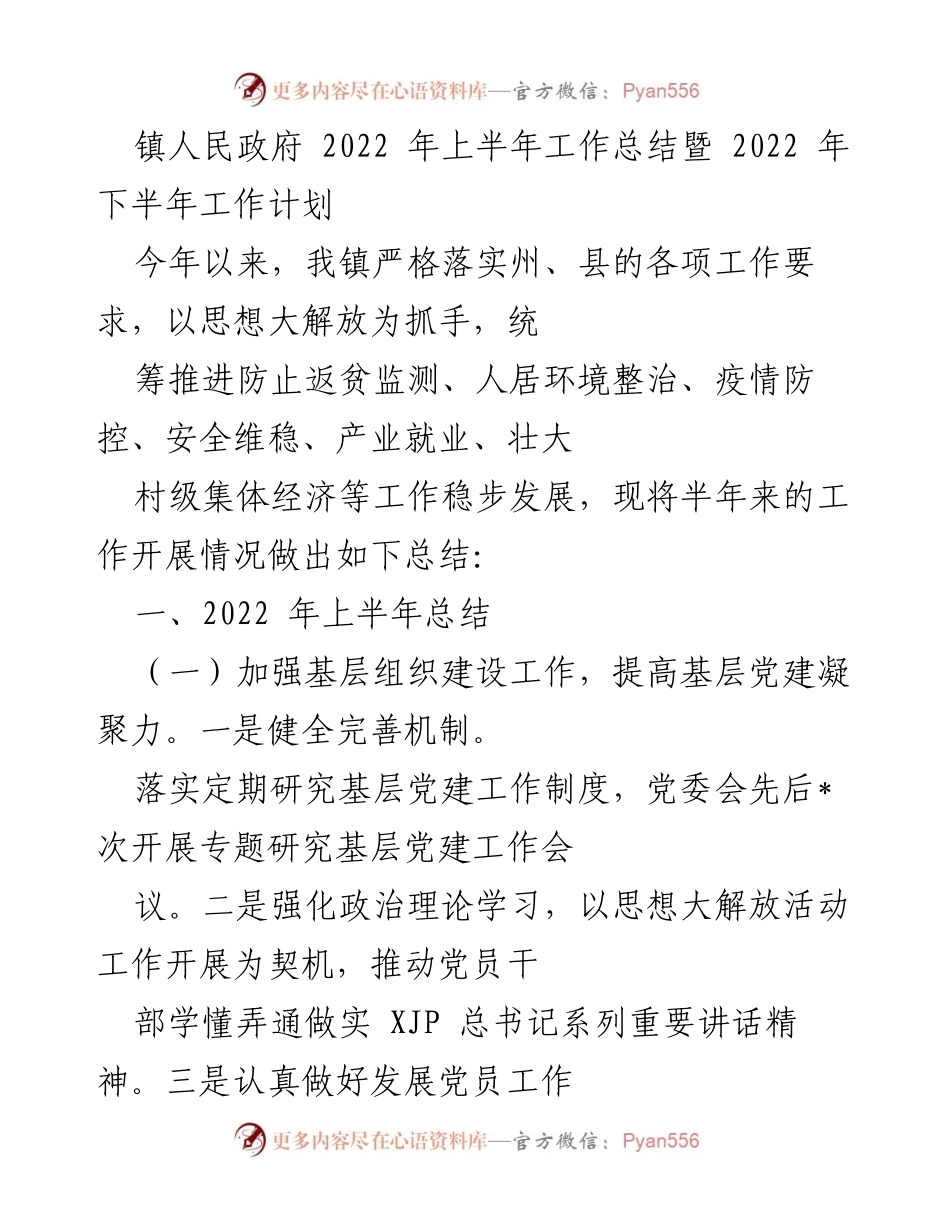 [工作总结] 镇人民政府 - 2022年上半年工作总结及下半年工作计划.docx_第1页