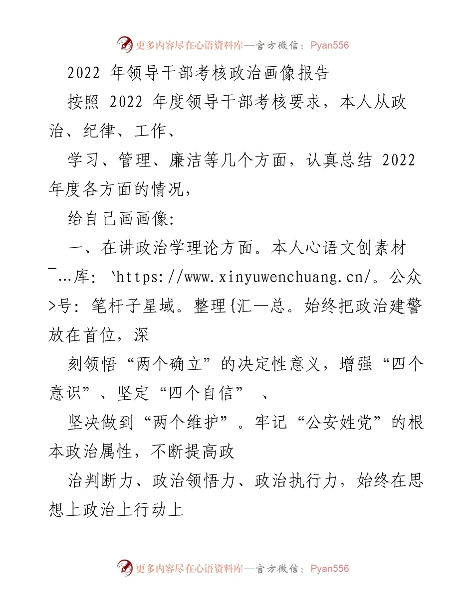 [工作总结] 领导干部考核 - 2022年度领导干部政治画像自我总结报告.docx_第1页