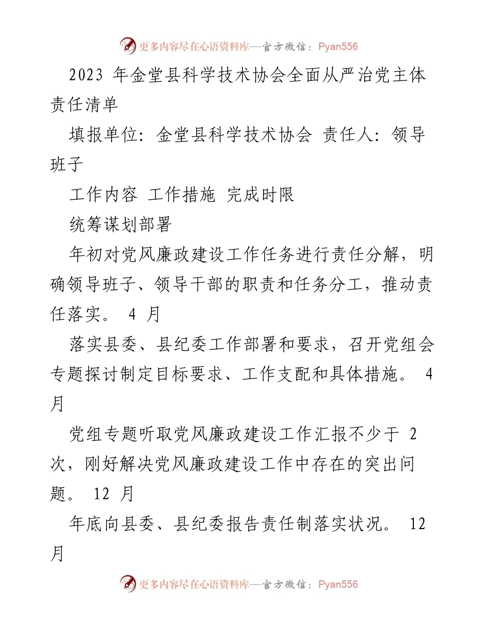 [工作总结] 金堂县科学技术协会 - 2023年党风廉政建设责任落实工作总结.docx_第1页