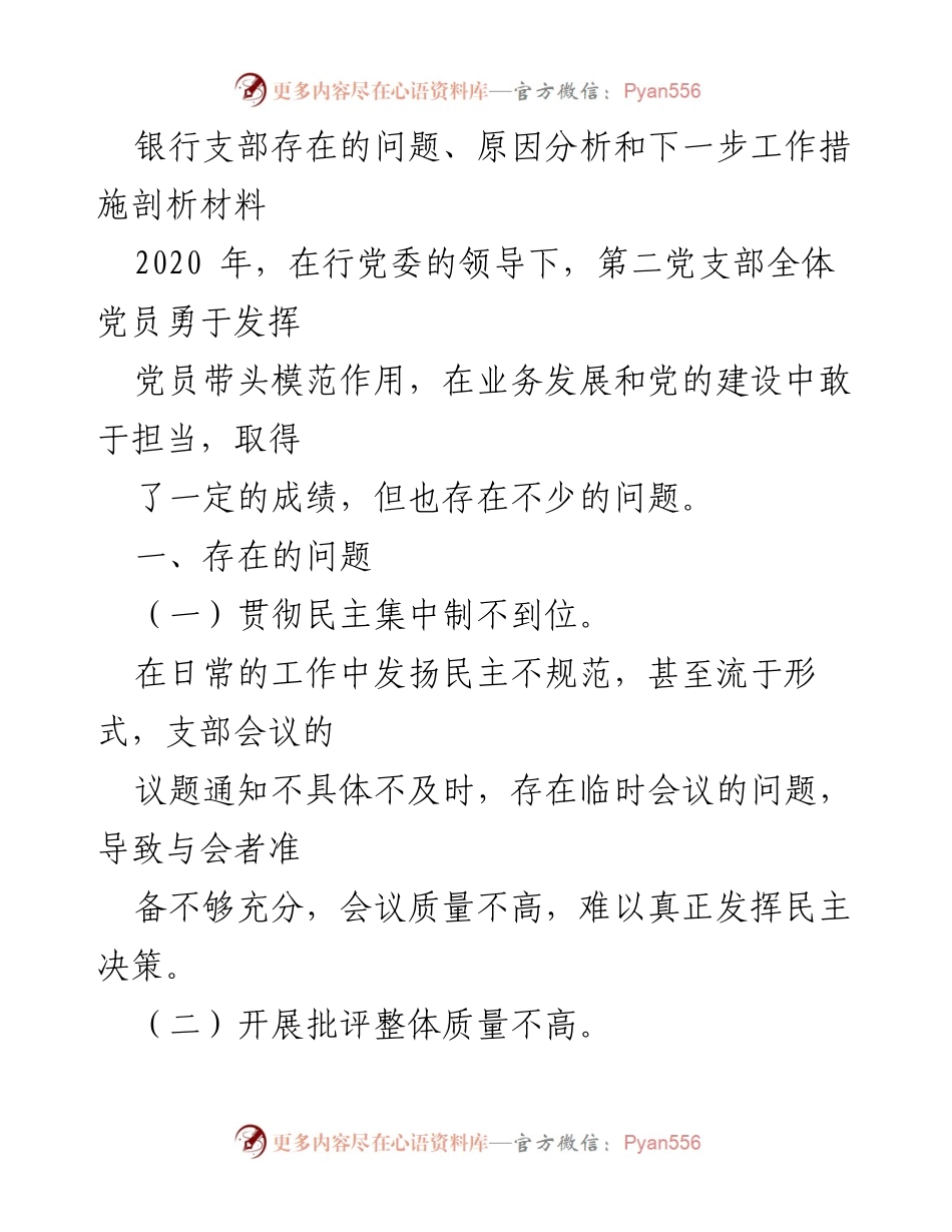 [工作总结] 银行支部 - 银行支部问题分析与改进措施总结.docx_第1页