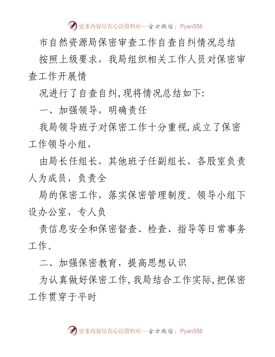 [工作总结] 自查自纠 - 市自然资源局保密审查工作自查自纠情况总结_1.docx_第1页