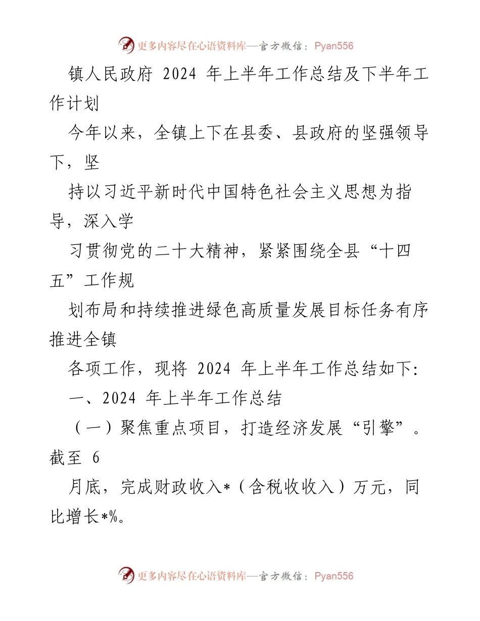 [工作总结] 镇人民政府 - 2024年上半年工作总结及下半年工作计划.docx_第1页