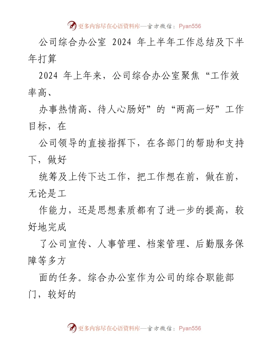 [工作总结] 综合办公室 - 2024年上半年工作总结与下半年计划.docx_第1页
