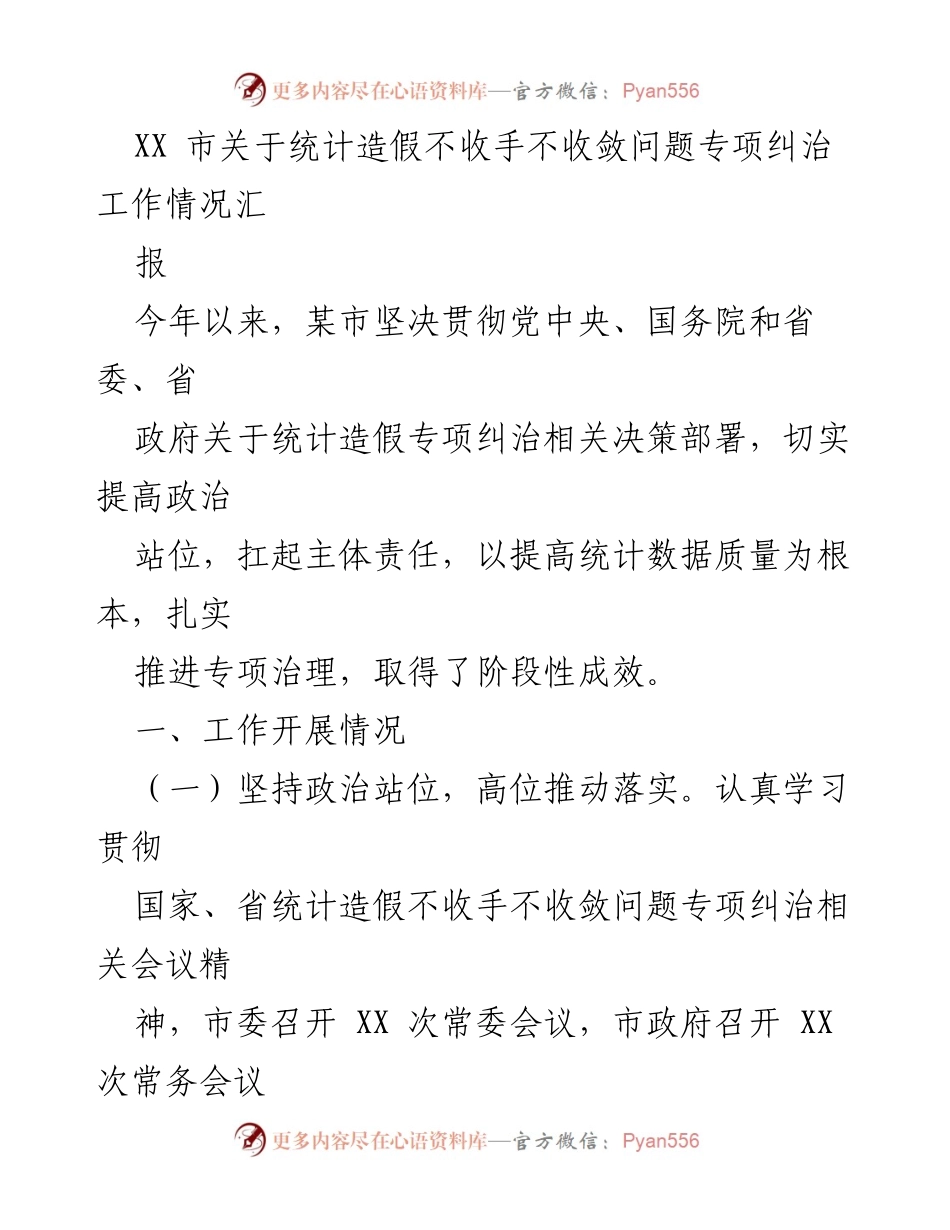 [工作总结] 统计造假专项治理 - XX市统计造假专项纠治工作情况汇报_1.docx_第1页