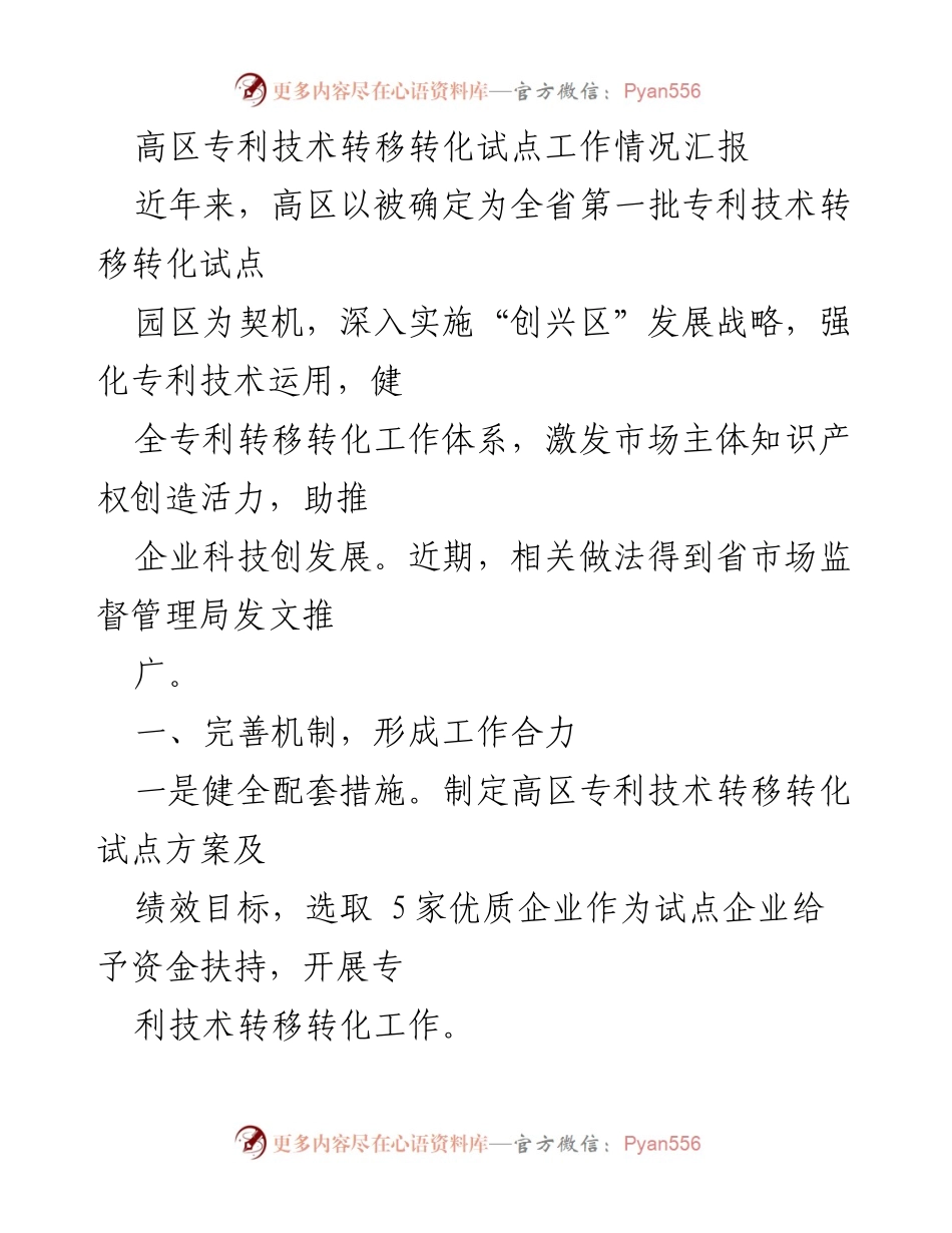 [工作总结] 高区专利技术转移转化试点工作 - 高区专利技术转移转化试点工作情况汇报.docx_第1页