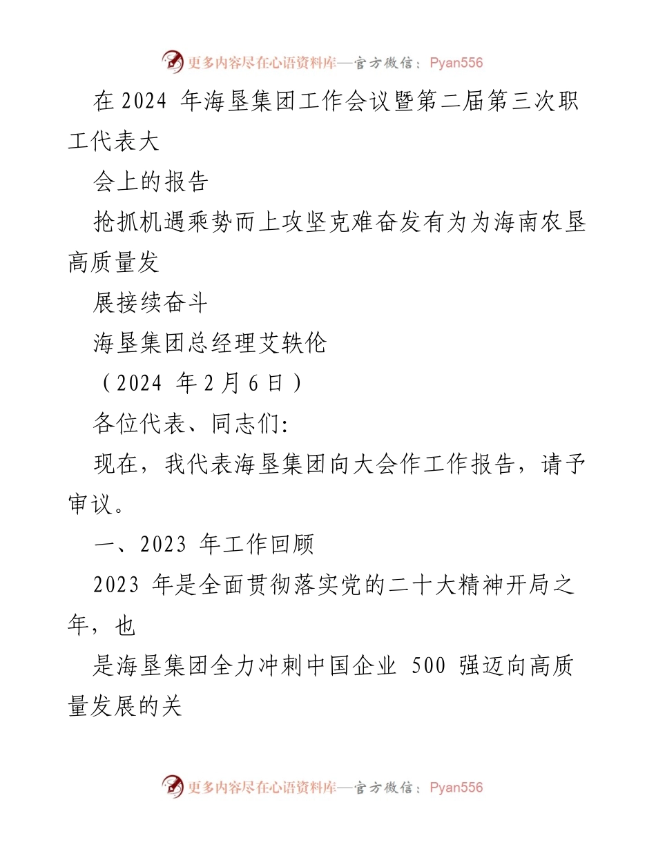[工作报告] 会议 - 报告海垦集团2023年工作成就与2024年发展战略.docx_第1页