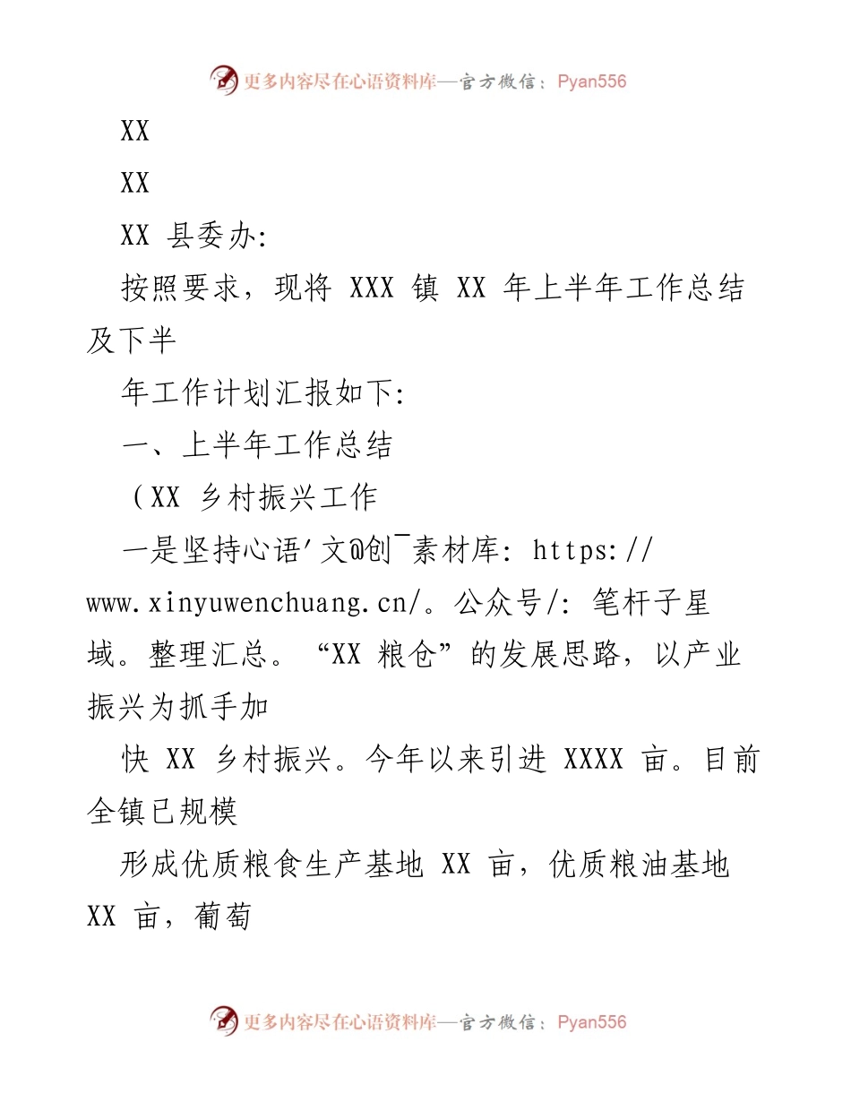 [工作总结] 镇党委 - XXX 镇 XX 年上半年工作总结及下半年工作计划.docx_第1页