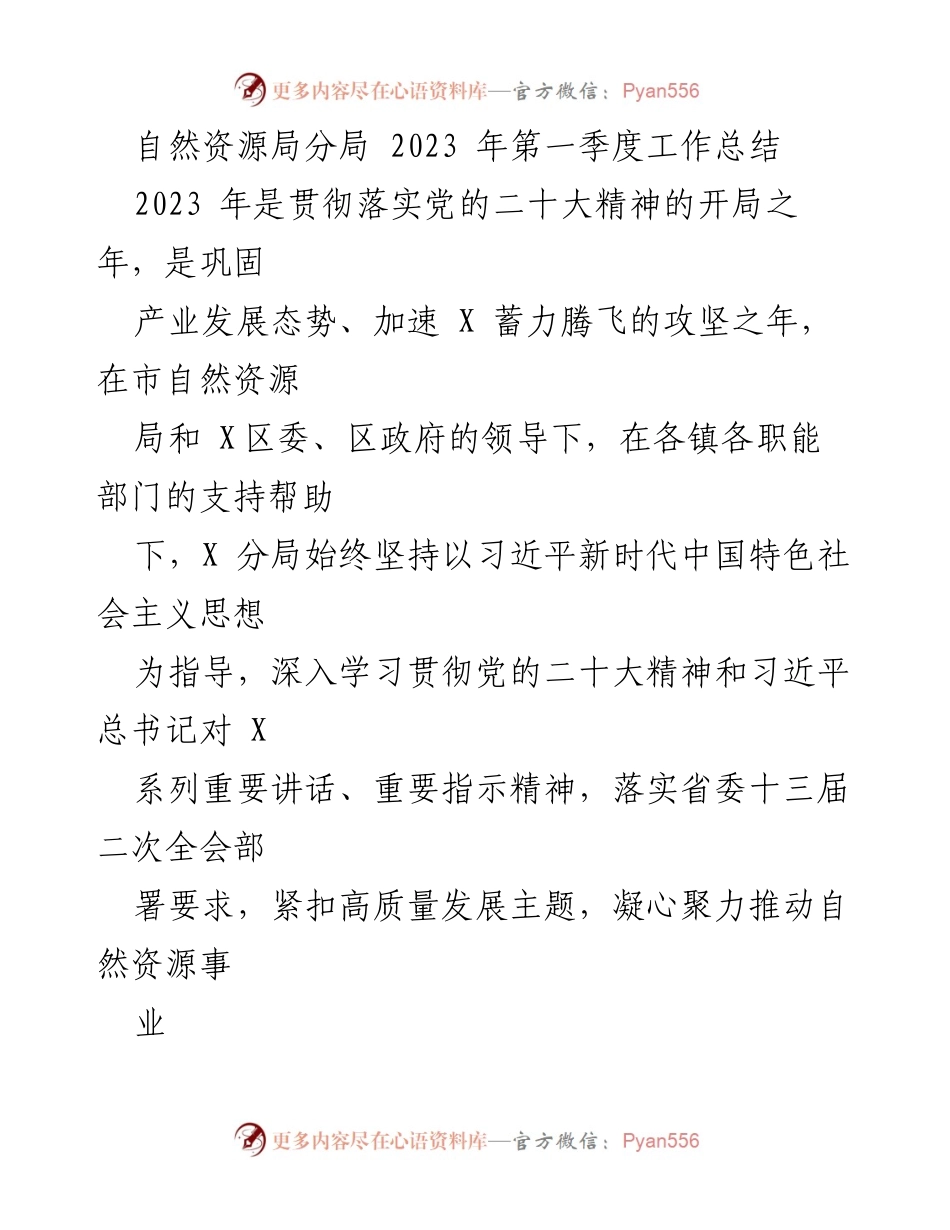 [工作总结] 自然资源局分局 - 2023年第一季度工作总结与党建推进情况.docx_第1页