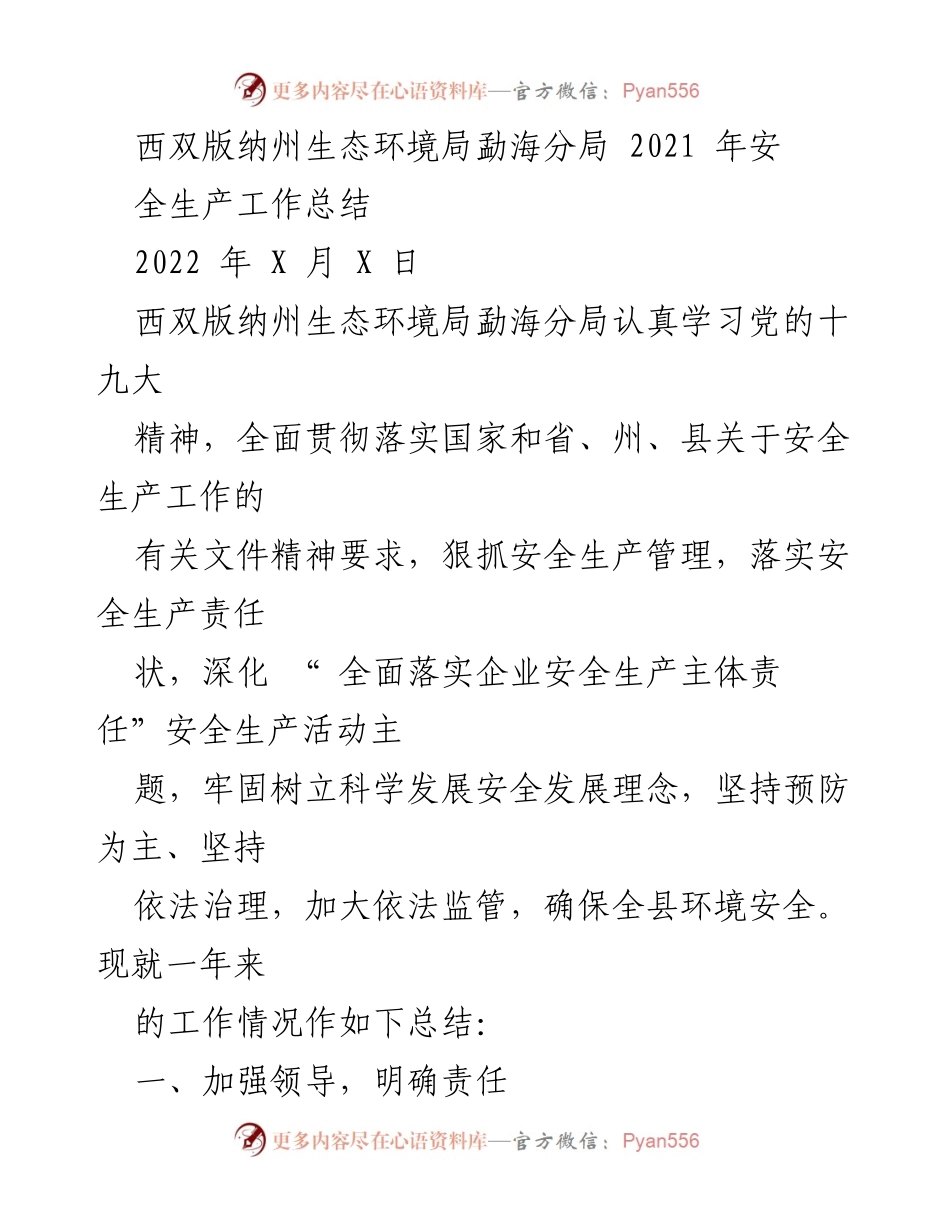 [工作总结] 西双版纳州生态环境局勐海分局 - 2021年安全生产工作总结.docx_第1页