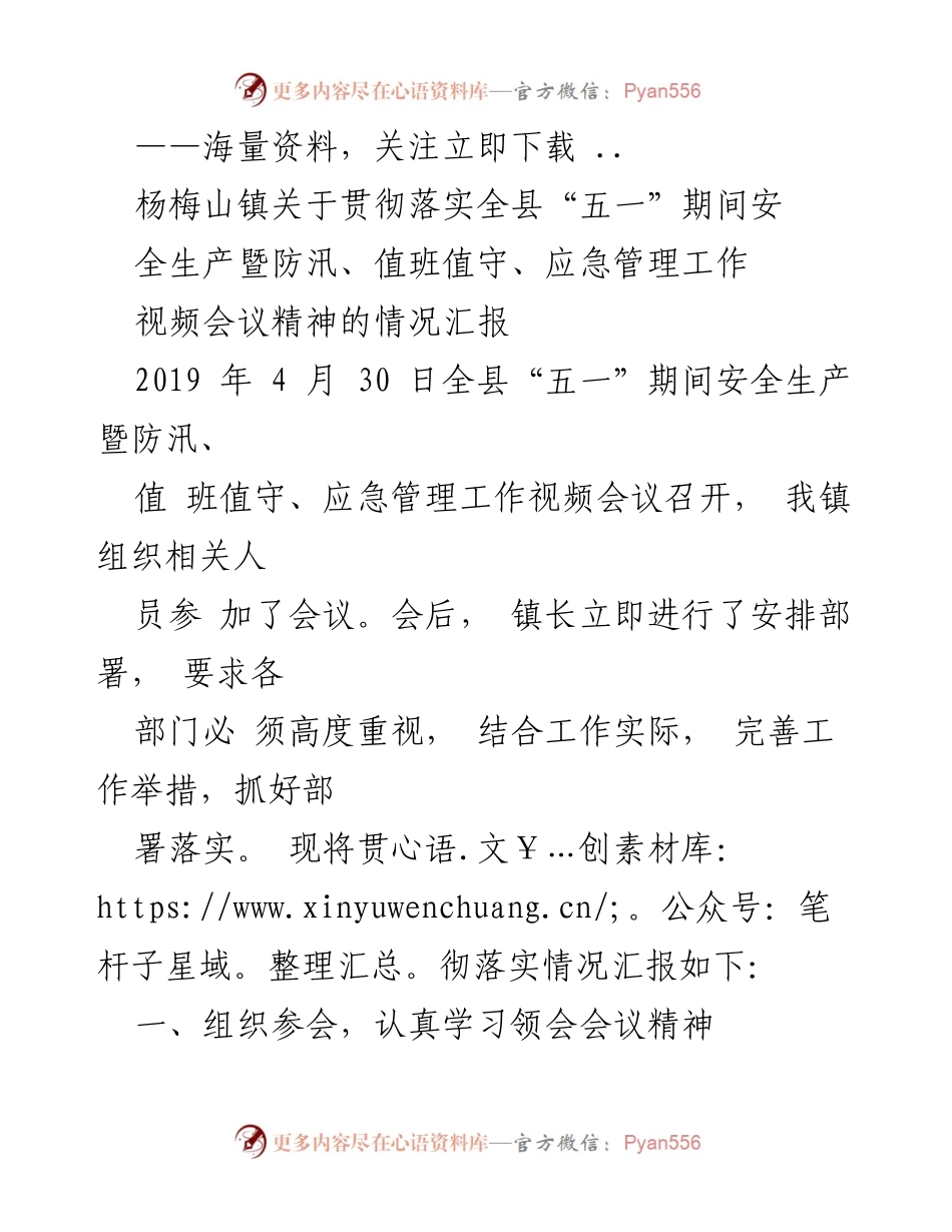 [工作总结] 视频会议 - 杨梅山镇“五一”期间安全生产及防汛工作落实情况汇报.docx_第1页
