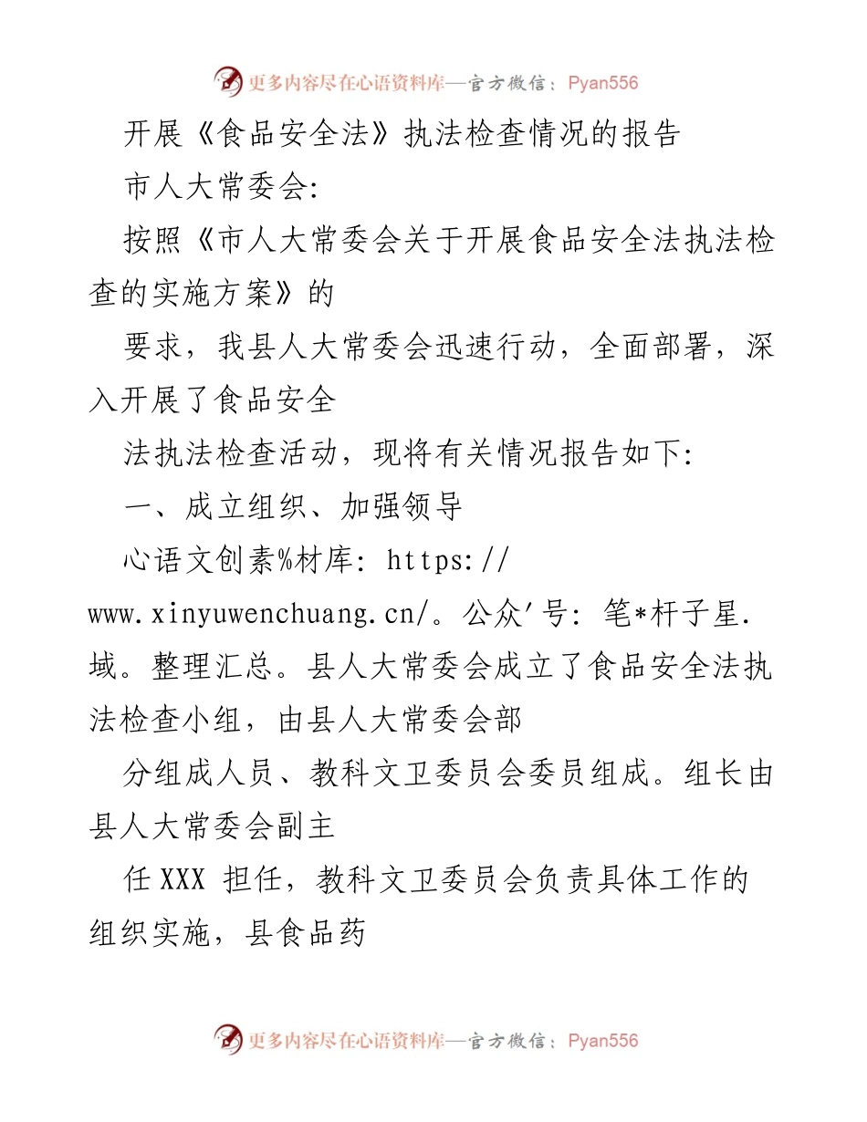 [工作总结] 食品安全法执法检查 - 食品安全法执法检查情况报告.docx_第1页
