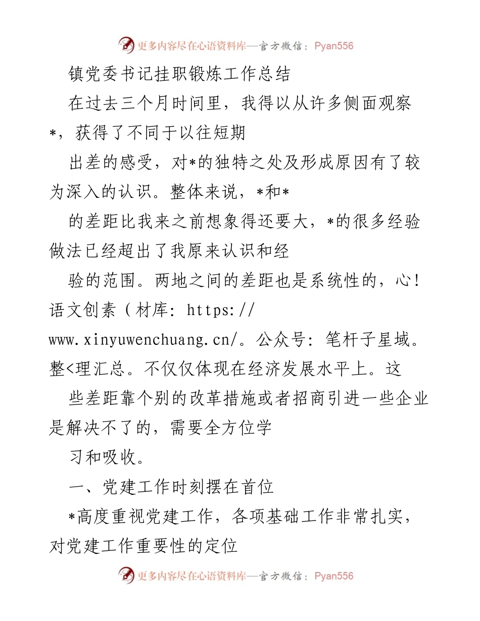 [工作总结] 镇党委书记挂职锻炼 - 深入观察与党建经验总结.docx_第1页